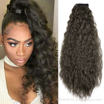 Kinky Curly  Magic Paste Heat Resistant Wavy Synthetic Wrap Around Ponytail Hairpiece 24 Inch Long Corn Wave Ponytail Extension